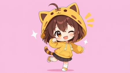 Chibi anime character with oversized head and cute features, bright colors, simple background