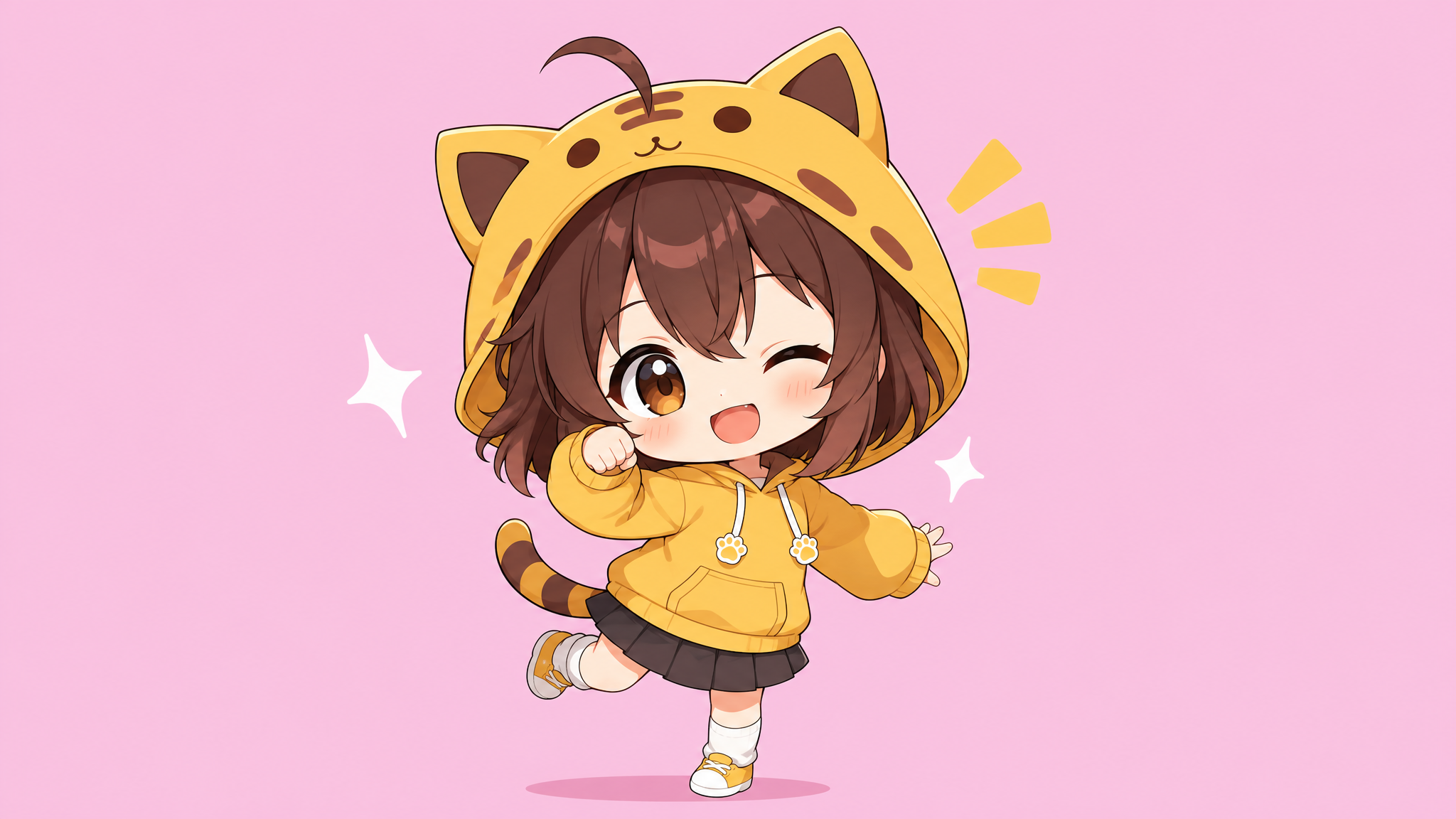 Chibi anime character with oversized head and cute features, bright colors, simple background