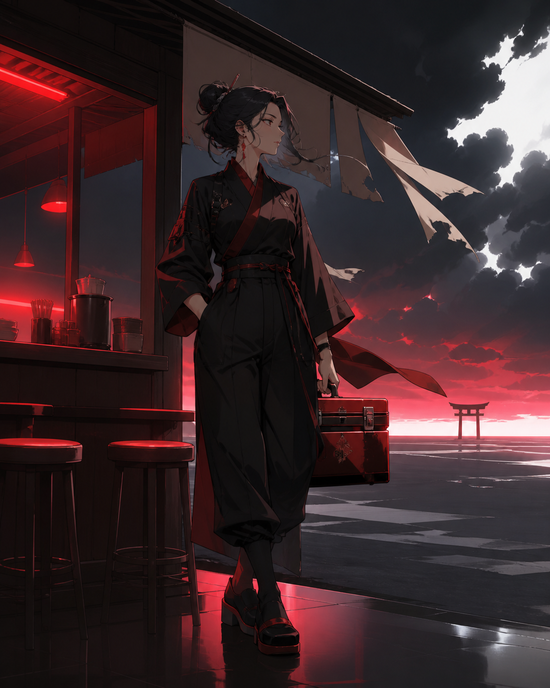 An adult woman shrine mechanic carrying a lacquered tool case, waiting at the last open noodle stand before a supernatural storm. Cinematic medium-wide frame with the environment carrying half the story. Crimson, black c