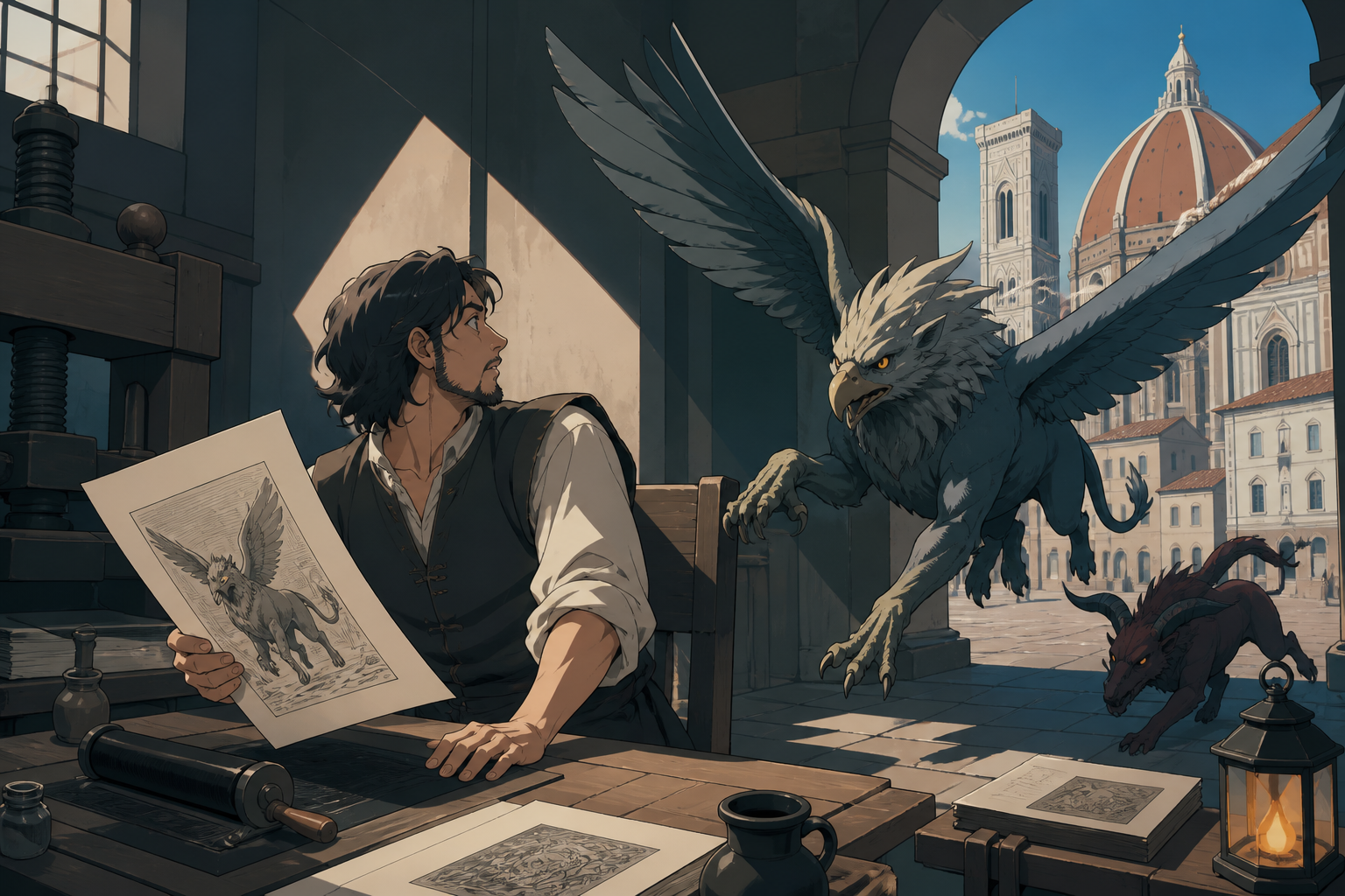 A Renaissance-era printmaker whose illustrated creatures leave the page at night, grounded in convincing period materials with one restrained supernatural event. Wide narrative composition with period architecture guidin