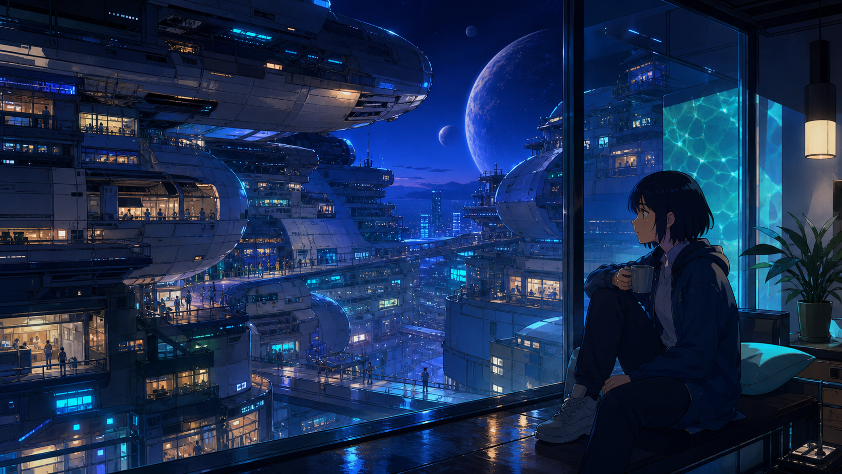 A dense orbital neighborhood assembled from retired spacecraft, on a humid night after rain, full of reflections and everyday life. Grand city panorama balanced by one intimate foreground detail. Ultramarine, bioluminesc