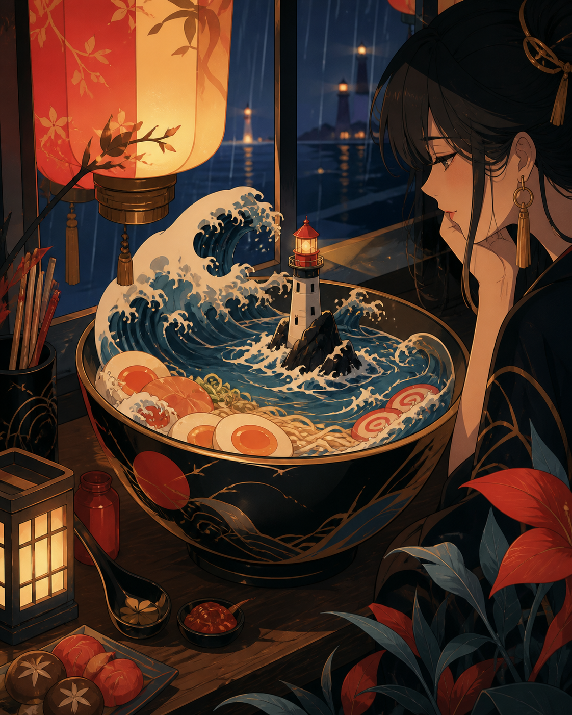 A midnight ramen bowl containing a tiny stormy ocean and lighthouse, arranged on a worn wooden counter beside a rain-streaked window. Intimate close-up with shallow depth and layered foreground details. Pine black, snow 