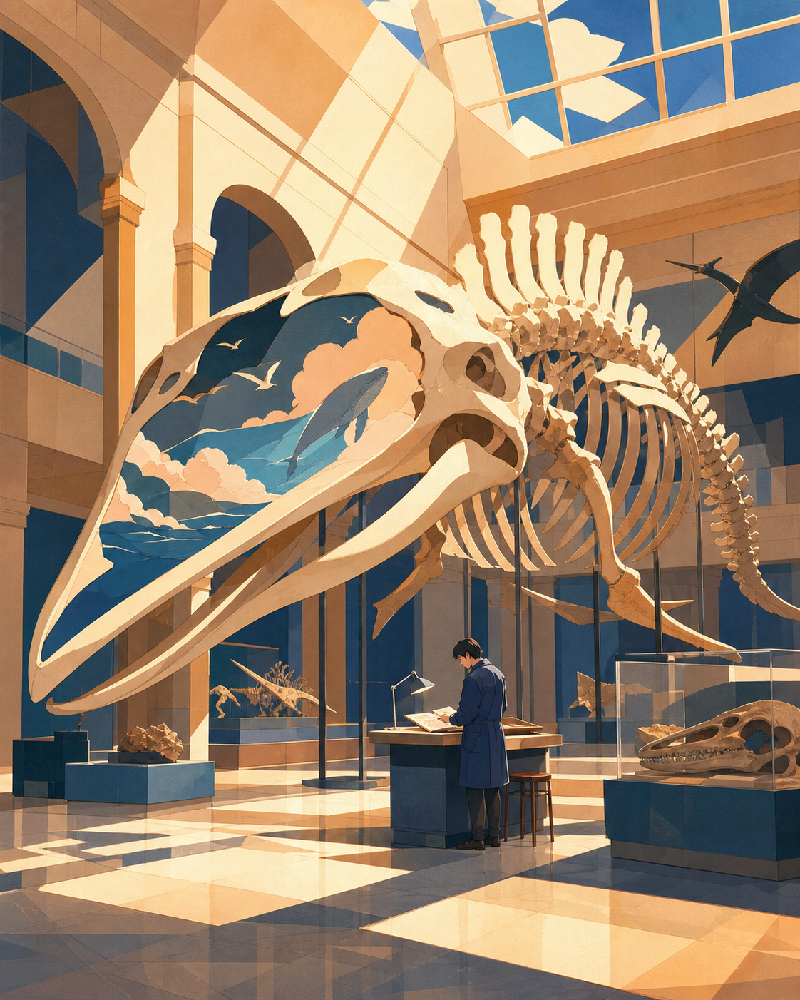 A natural history hall where one enormous skeleton remembers being alive, seen as a place of wonder and scholarship rather than danger. Grand gallery view with one human-scale task anchoring the scene. Sun-bleached peach
