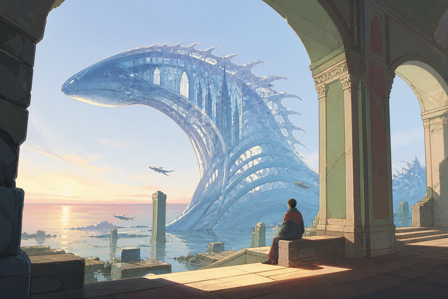 A translucent deep-sea serpent whose bones resemble a cathedral, resting beside traces of an ancient civilization at dawn. Low-angle encounter framed by terrain and atmospheric depth. Soft pistachio, butter yellow, powde