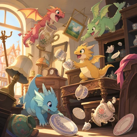 Newly hatched pocket dragons turning a quiet antique shop upside down, caught immediately before their elaborate plan obviously fails. Wide action frame centered on one beautifully