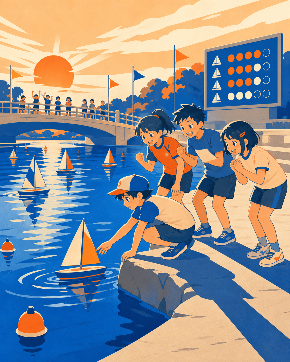 Children guiding handmade mini sailboats across a park pond, as teammates encourage the least experienced participant. Wide venue view centered on one decisive action. Cobalt, persimmon orange, warm concrete, and cream. 