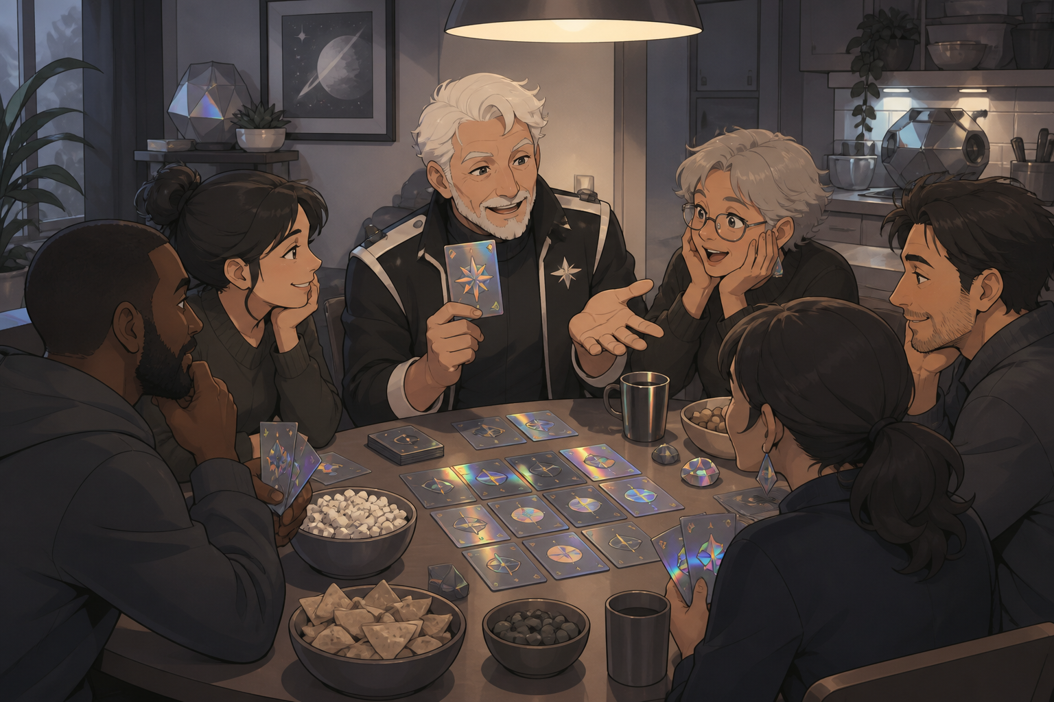 A retired starship captain teaching neighborhood adults an unfamiliar card game, shown through reactions and relationships rather than a view of the rules. Table-level ensemble frame with faces and game equally readable.