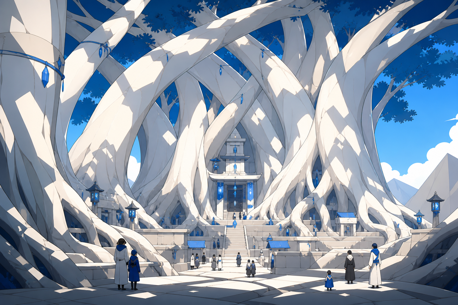 A grove of smooth white trees bending together to protect a small shrine, with tiny visitors clearly revealing the extraordinary scale. Wide landscape frame with the tree organizing every path and settlement. Soft monoch