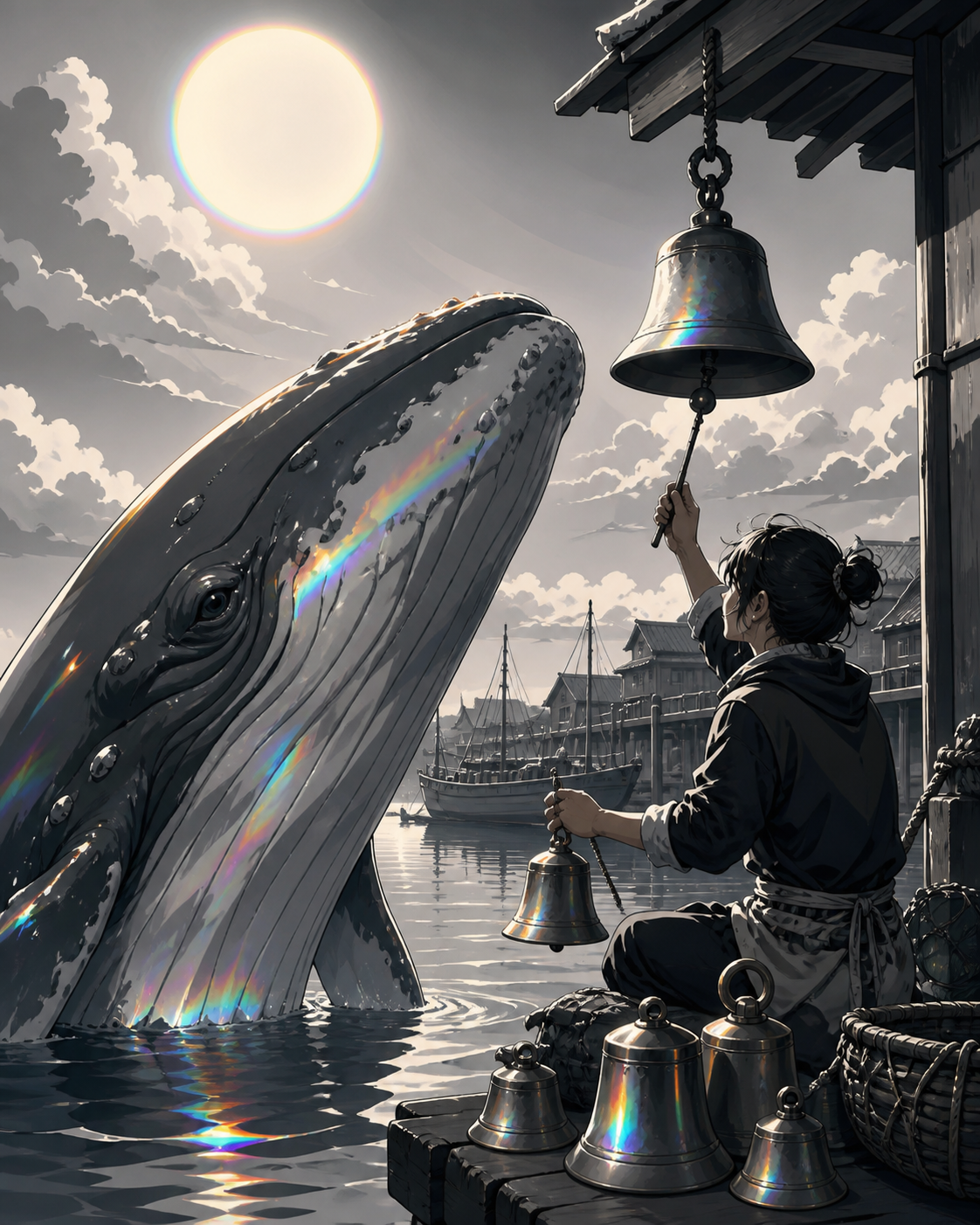 A whale and fishing village exchanging songs through harbor bells, on an ordinary day with one quietly magical rule. Balanced human-and-animal two-shot with shared task visible. Monochrome graphite with selective hologra