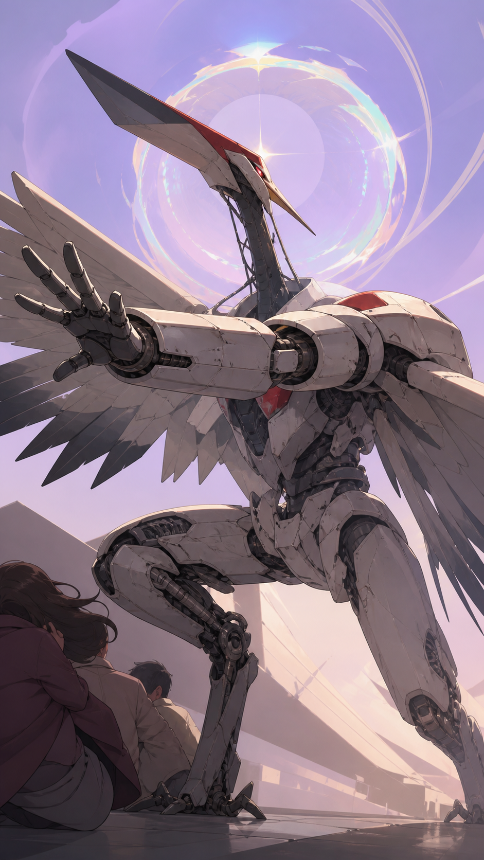 A battered rescue mecha designed like a red-crowned crane, bracing against a shockwave while protecting civilians just outside frame. Dynamic low-angle action frame with a strong diagonal movement line. Mulberry, tea bro