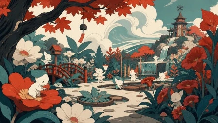 A children's sensory garden designed for friendly tiny spirits, at peak seasonal color represented through broad clean masses. Visitor-height view framed by large branches and a di