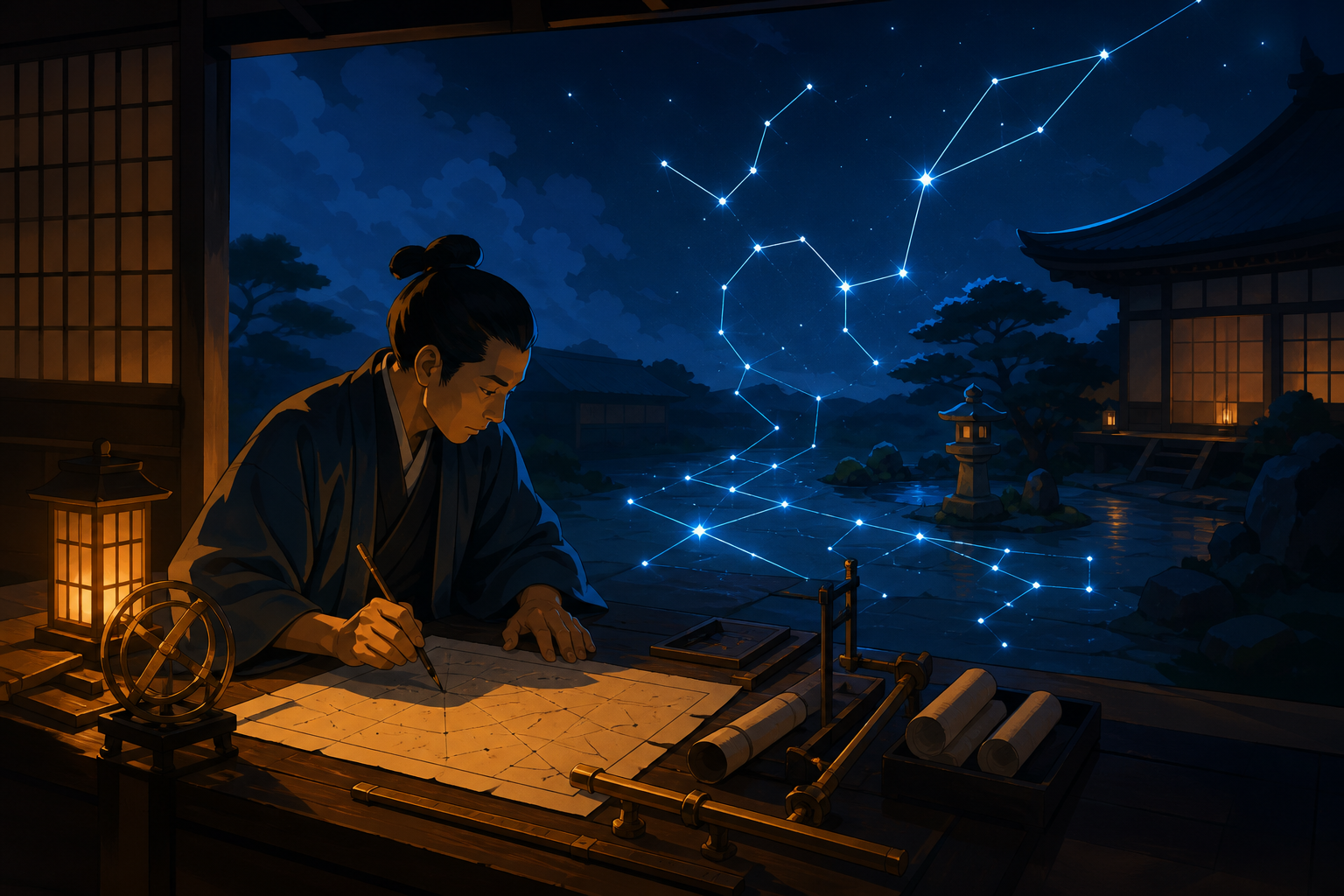 An Edo-period astronomer mapping a constellation that has descended into the garden, during ordinary work rather than a royal ceremony or battlefield. Painterly historical scene centered on work, place, and atmosphere. A