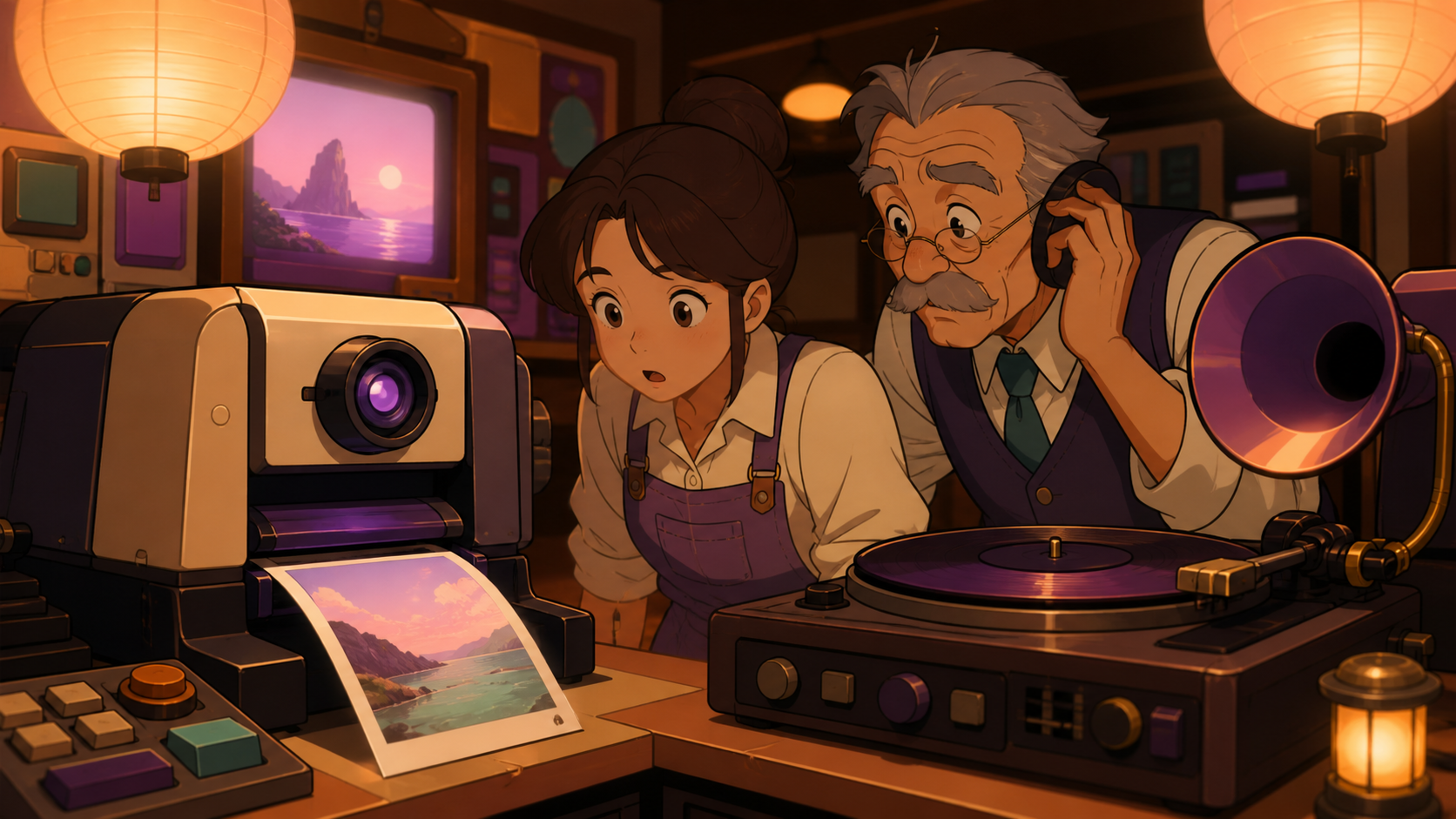 A photo booth developing portraits of places its customers have not visited yet, at the exact moment an old recording reveals an unexpected connection. Close counter scene with equipment creating strong foreground shapes