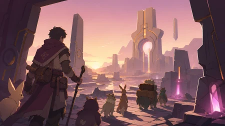 A weary guild escort guiding rescued creatures through bioluminescent ruins, between major dangers during a practical human-scale task. Over-the-shoulder discovery frame revealing 