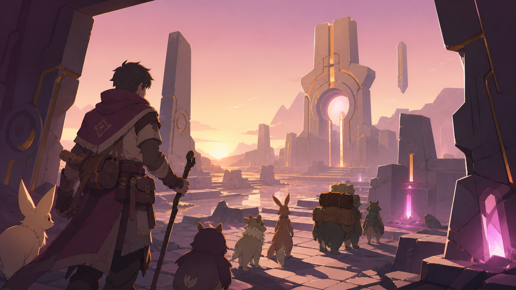 A weary guild escort guiding rescued creatures through bioluminescent ruins, between major dangers during a practical human-scale task. Over-the-shoulder discovery frame revealing a large navigable space. Muted rose, par
