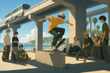 Teen skateboarders practicing beneath a coastal monorail, as passersby form an informal audience. Side-on sequence-like frame with one athlete as the clear focal point. Moss green,