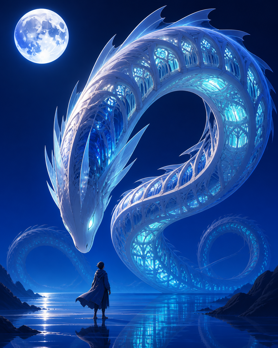 A translucent deep-sea serpent whose bones resemble a cathedral, meeting a lone traveler without hostility for the first time. Majestic full-body creature composition with environmental scale cues. Ultramarine, biolumine