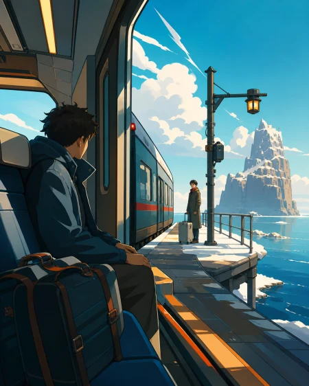 A lone traveler waking as the train passes an impossible island, at a tiny platform where only one passenger is waiting. Platform-wide composition with the arriving train creating 