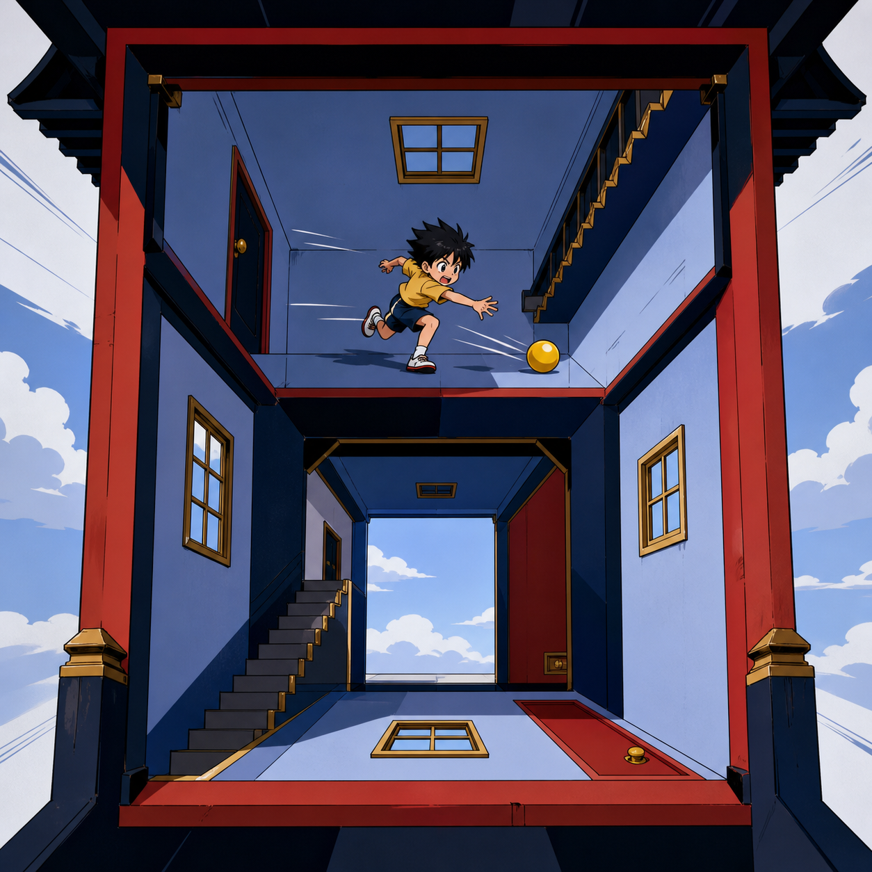 A child chasing a ball through rooms that share incompatible horizons, with the spatial paradox presented cleanly and immediately readable. Carefully centered architectural view exposing the complete paradox. Pine black,