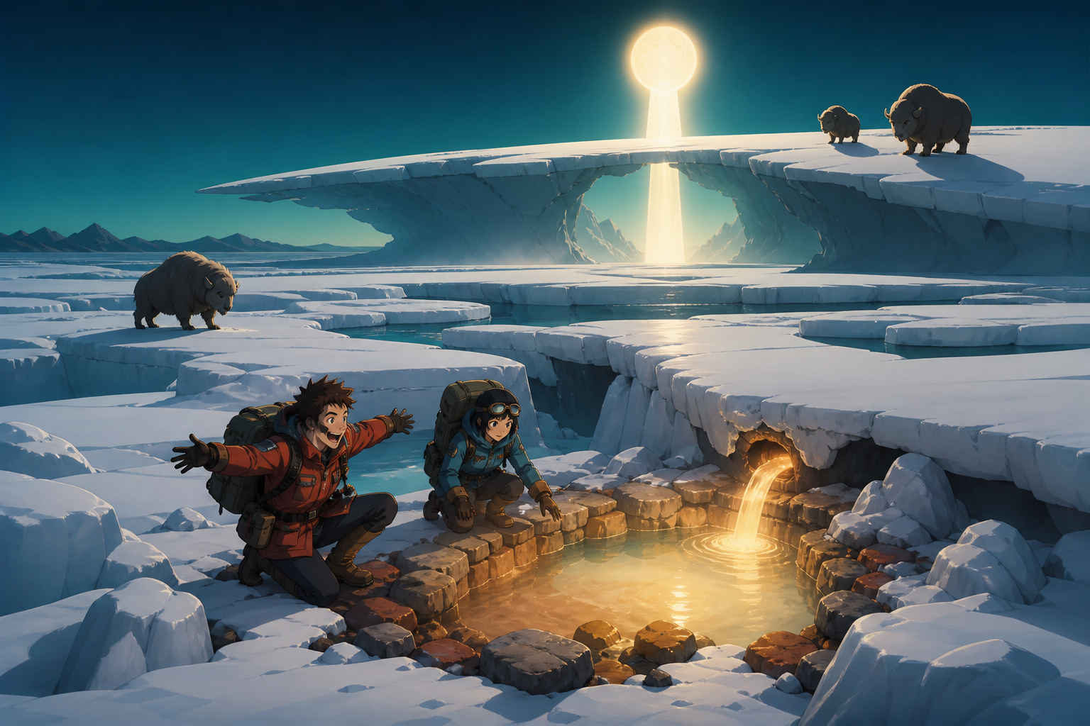 Two adult hikers locating a warm spring beneath a frozen plateau, while careful observation reveals the landscape's unusual rule. Expansive landscape with the expedition following a readable route. Petrol blue, oxide red