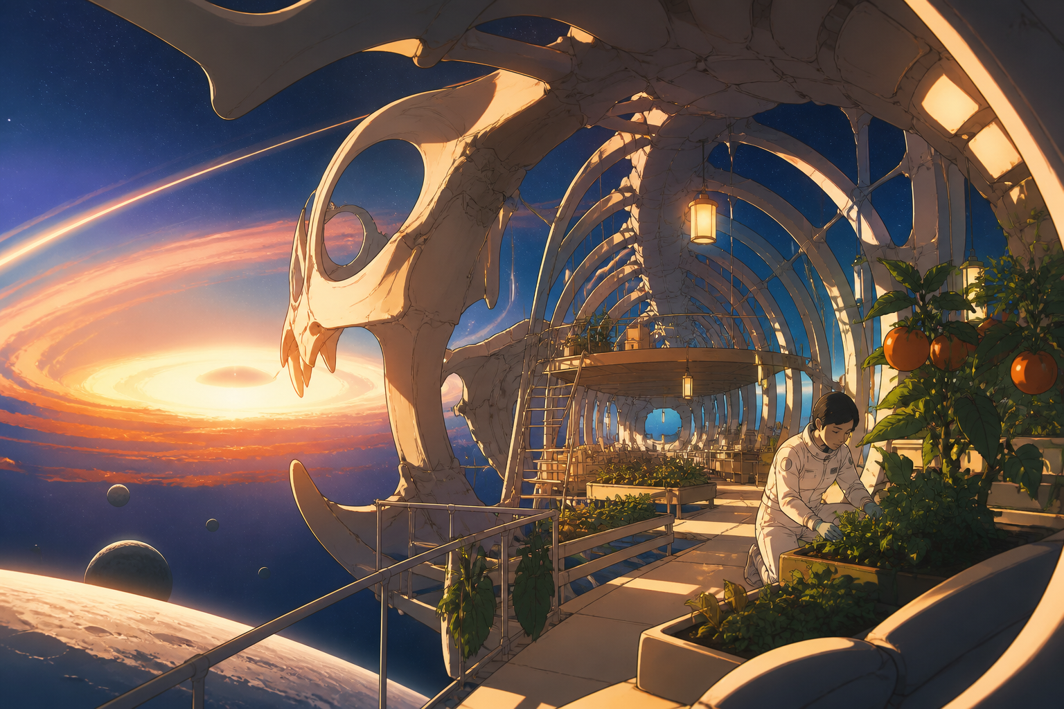 An astronaut tending a greenhouse inside the skeleton of a moon-sized creature, at the calm center of a vast gravitational phenomenon. Expansive widescreen composition with strong negative space. Cobalt, persimmon orange