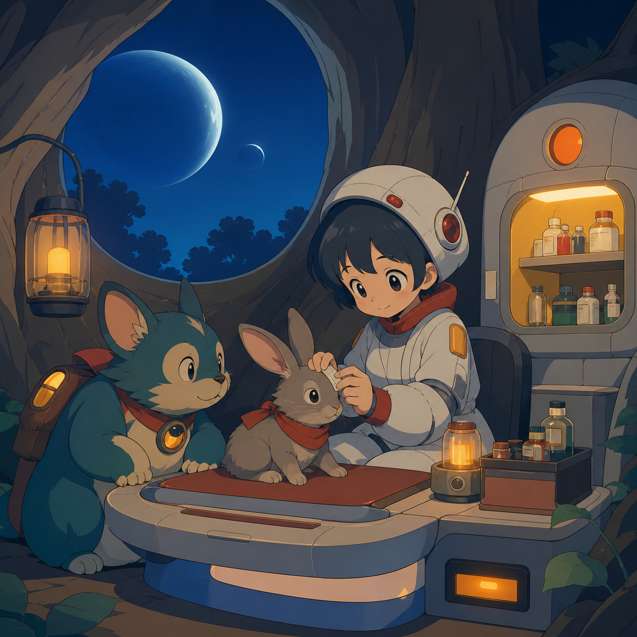 A chibi herbalist running a clinic for woodland creatures, during a warm ordinary interaction rather than a dramatic quest. Cozy clearing scene enclosed by a few large natural shapes. Petrol blue, oxide red, industrial g