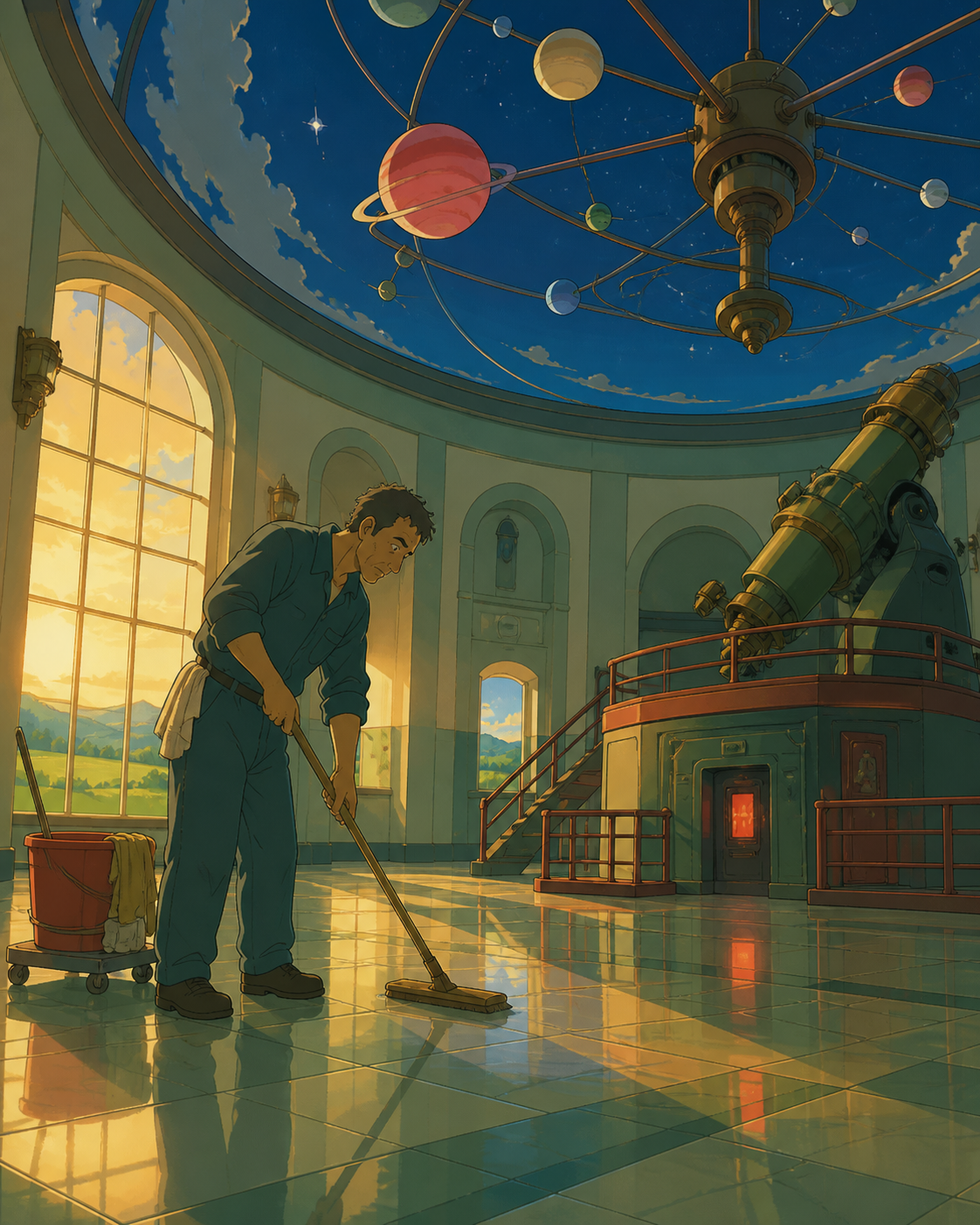 An adult observatory custodian polishing the floor beneath a moving indoor sky, centered on an ordinary task made memorable by the unusual setting. Wide quiet interior with one worker clearly anchoring the scale. Soft pi