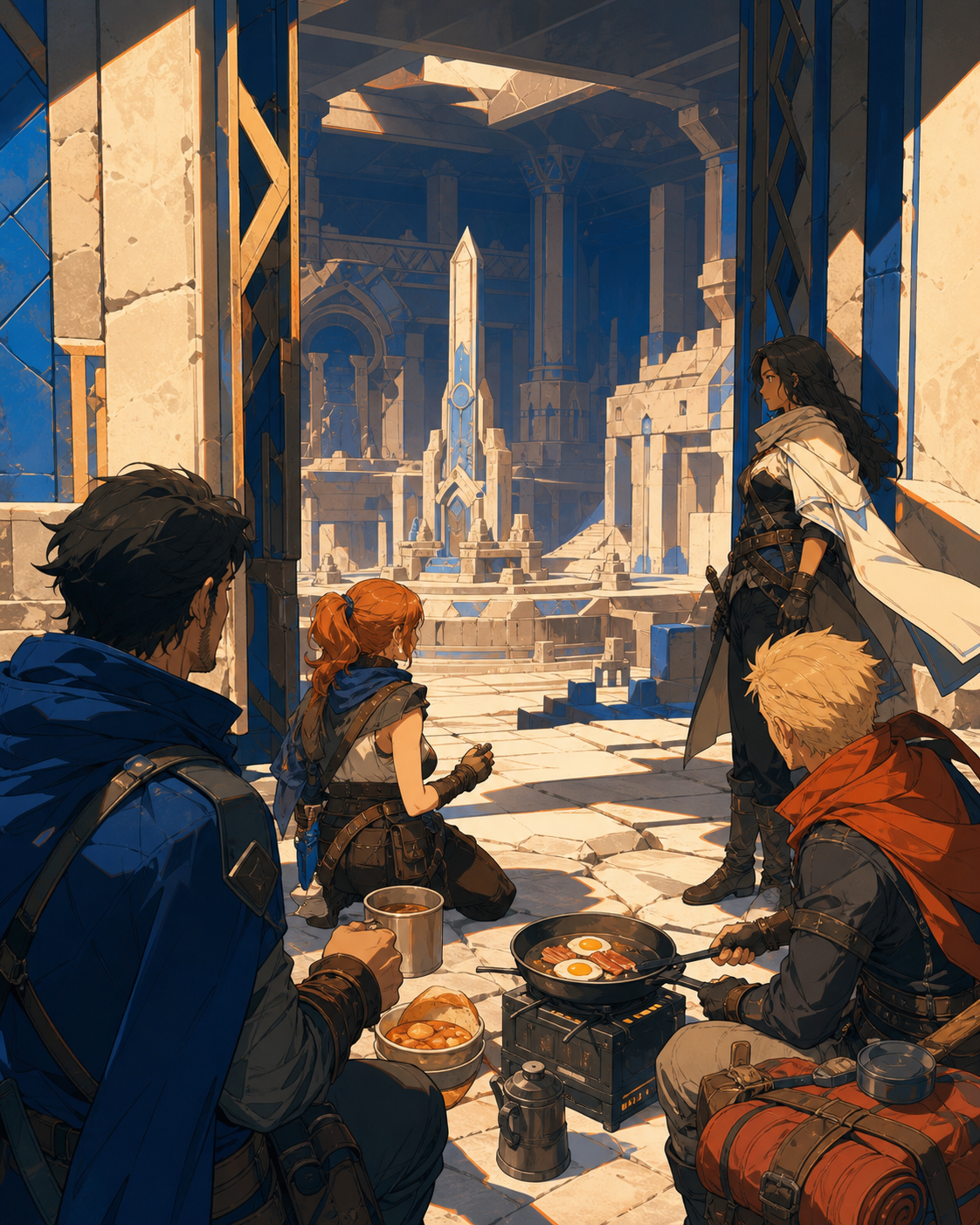 An adult adventuring party cooking breakfast outside a sealed ancient vault, at the first reveal of a spectacular unexplored chamber. Over-the-shoulder discovery frame revealing a large navigable space. Cobalt, persimmon