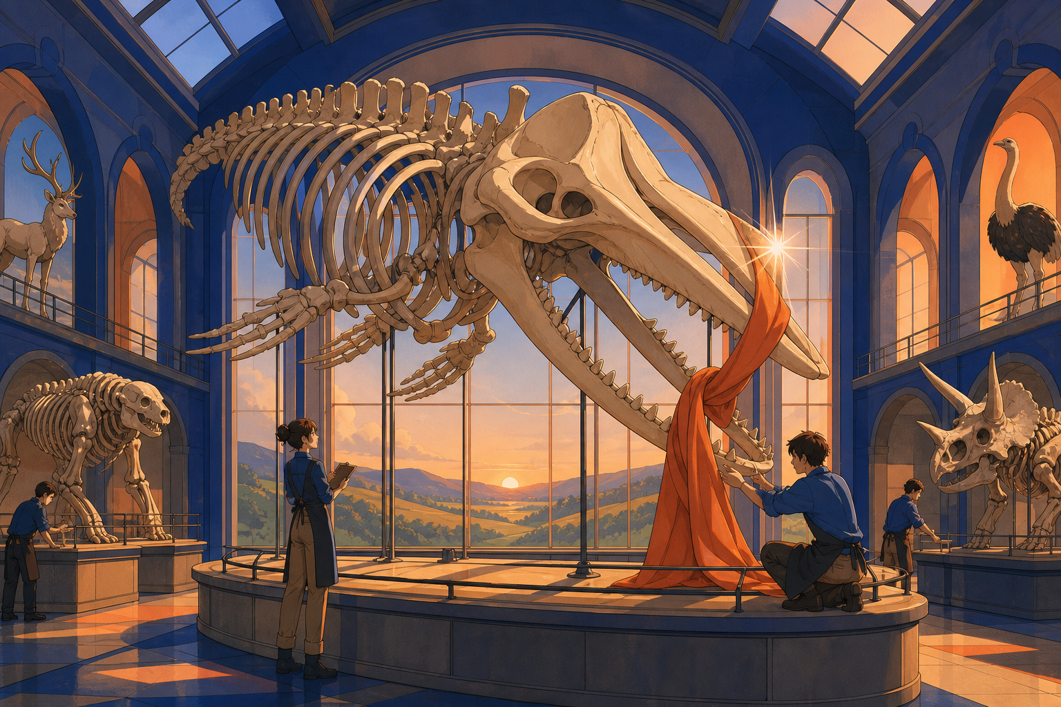 A natural history hall where one enormous skeleton remembers being alive, at the instant one carefully arranged display breaks its established rule. Symmetrical exhibition frame interrupted by one gently impossible objec