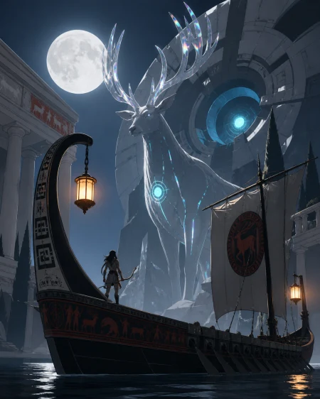 A huntress meeting a moonlit stag taller than a cypress tree, when divine power interrupts an otherwise human decision. Dynamic sea-level view with the voyage cutting across the fr