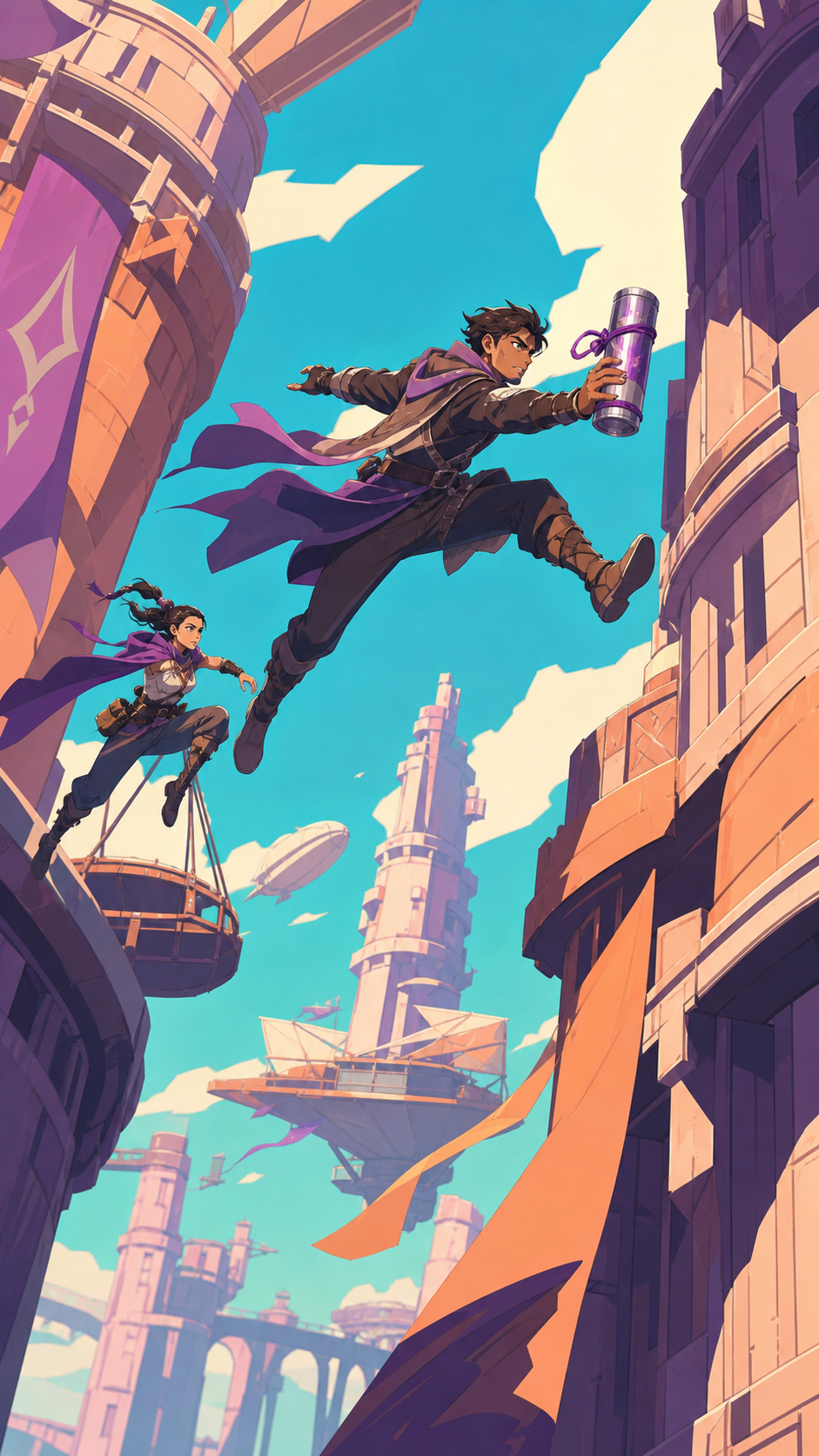 Two adult spell couriers leaping between moving towers to deliver a sealed remedy, captured at one clear tactical turning point. Dynamic low-angle view preserving clear silhouettes. Apricot, orchid purple, pool turquoise