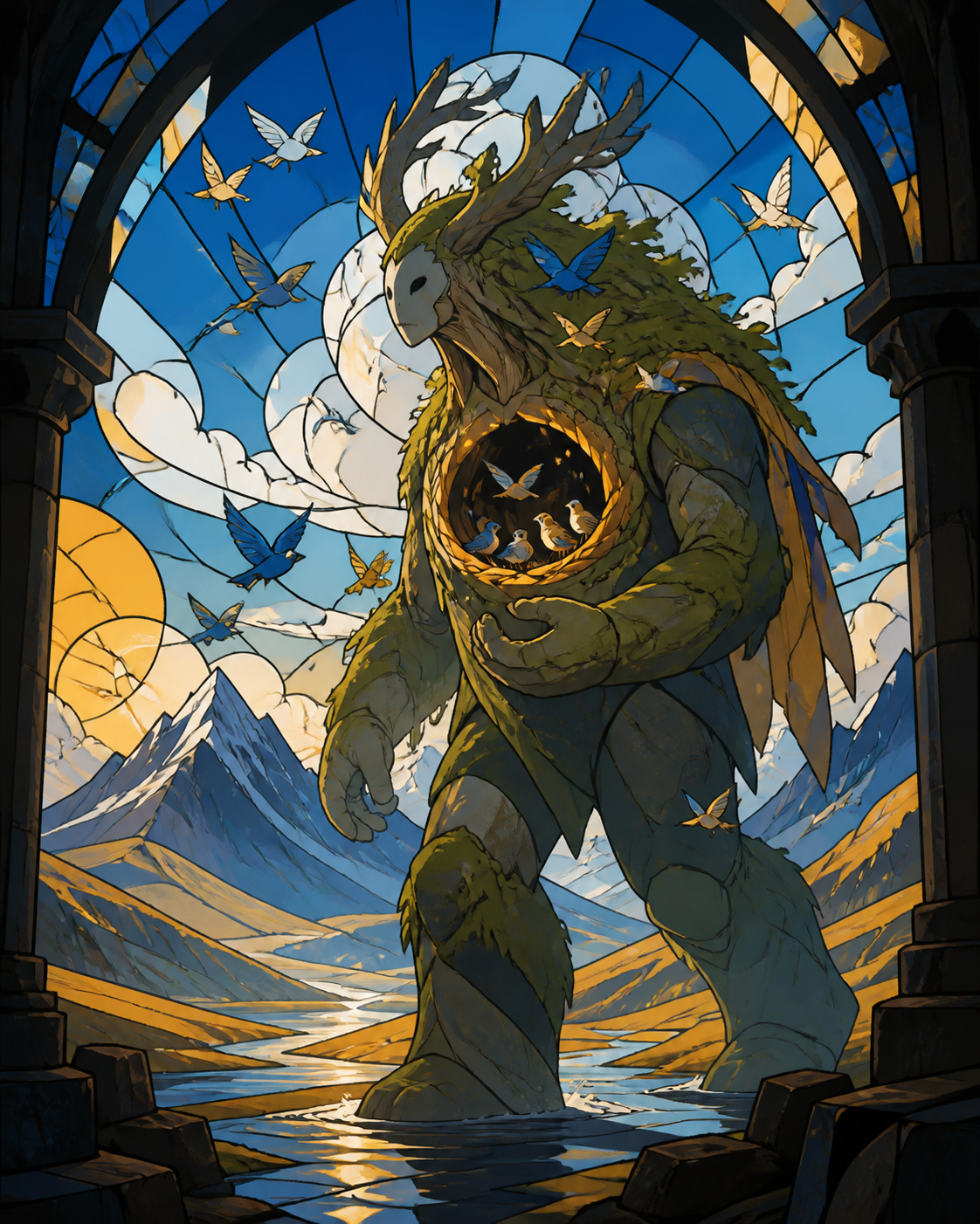 A gentle moss-covered guardian with a hollow chest full of songbirds, crossing its natural habitat during a rare seasonal migration. Majestic full-body creature composition with environmental scale cues. Saffron, peacock