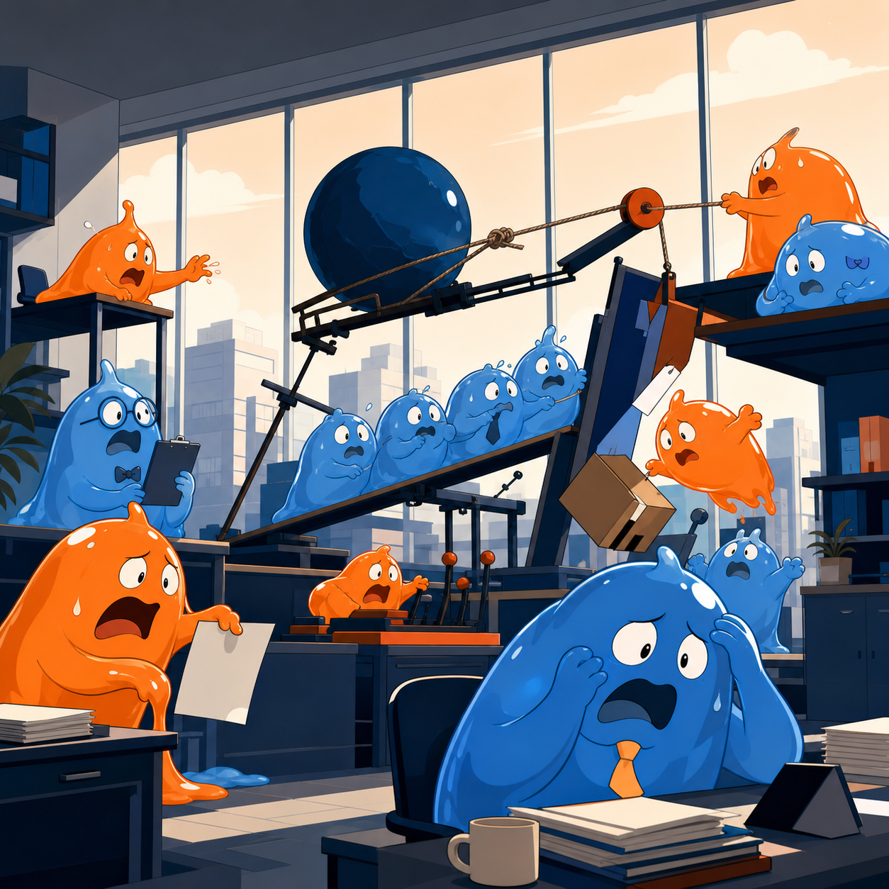 An office staffed by anxious slimes trying to meet an impossible deadline, caught immediately before their elaborate plan obviously fails. Wide action frame centered on one beautifully timed harmless catastrophe. Cobalt,
