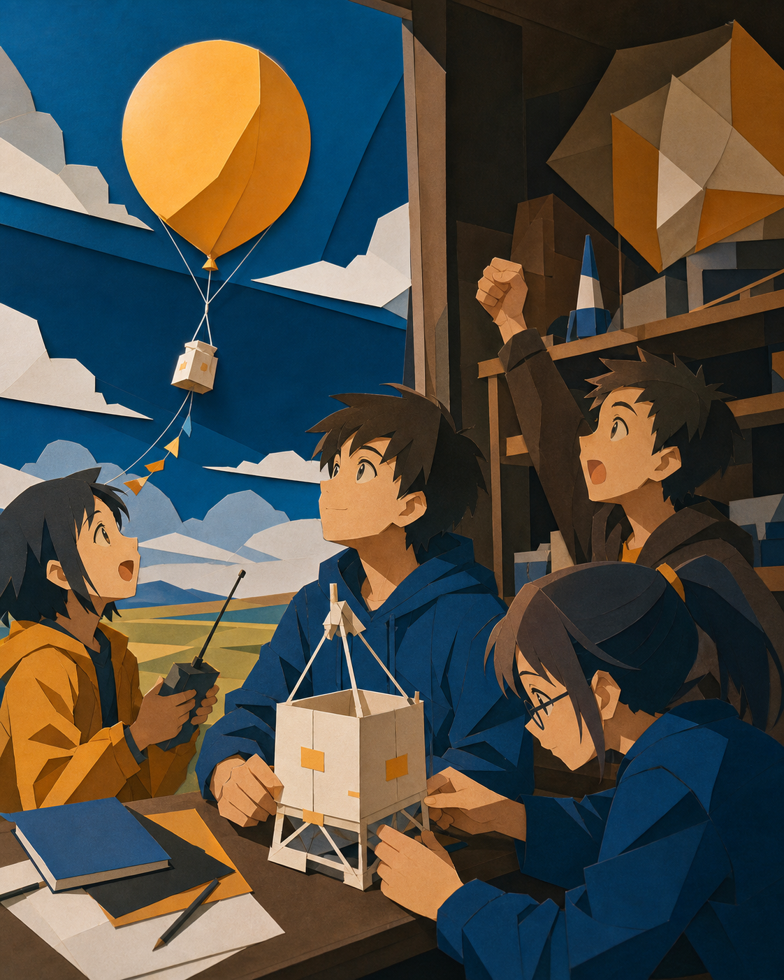 A science-club team launching a homemade weather balloon from a field, during a focused collaborative test with a clear result. Close collaborative frame with varied reactions around one prototype. Saffron, peacock blue,