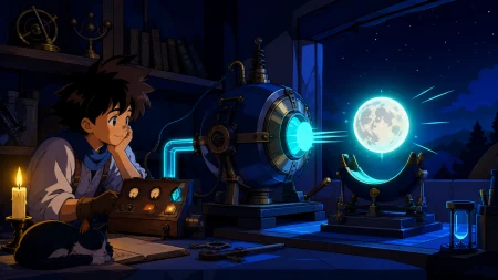 A quiet laboratory growing artificial moons for navigation experiments, when a prototype succeeds in a gentler way than intended. Side-on testing composition showing input, machine