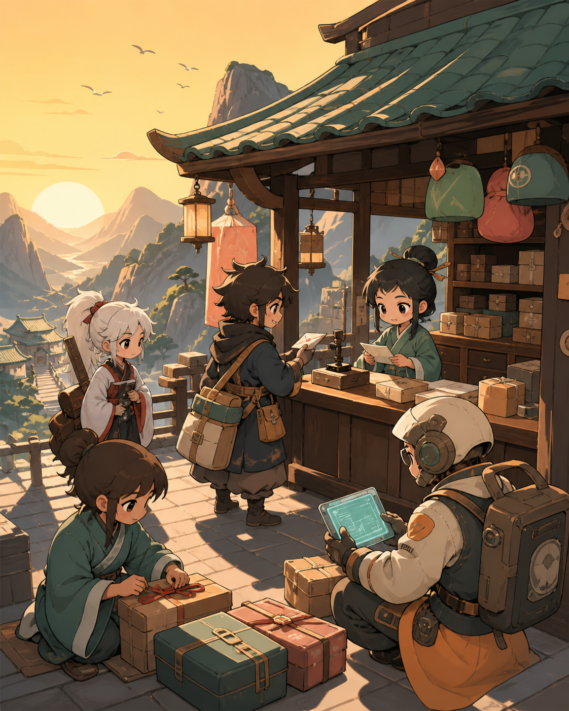 A mountain postal station serving travelers from several impossible centuries, during ordinary work rather than a royal ceremony or battlefield. Painterly historical scene centered on work, place, and atmosphere. Celadon