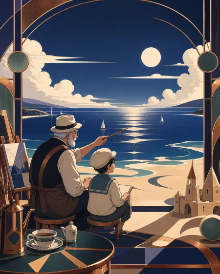 An elderly painter teaching a grandchild to observe the horizon, during a bright relaxed day built around companionship and place. Intimate group scene framed by broad water and sk