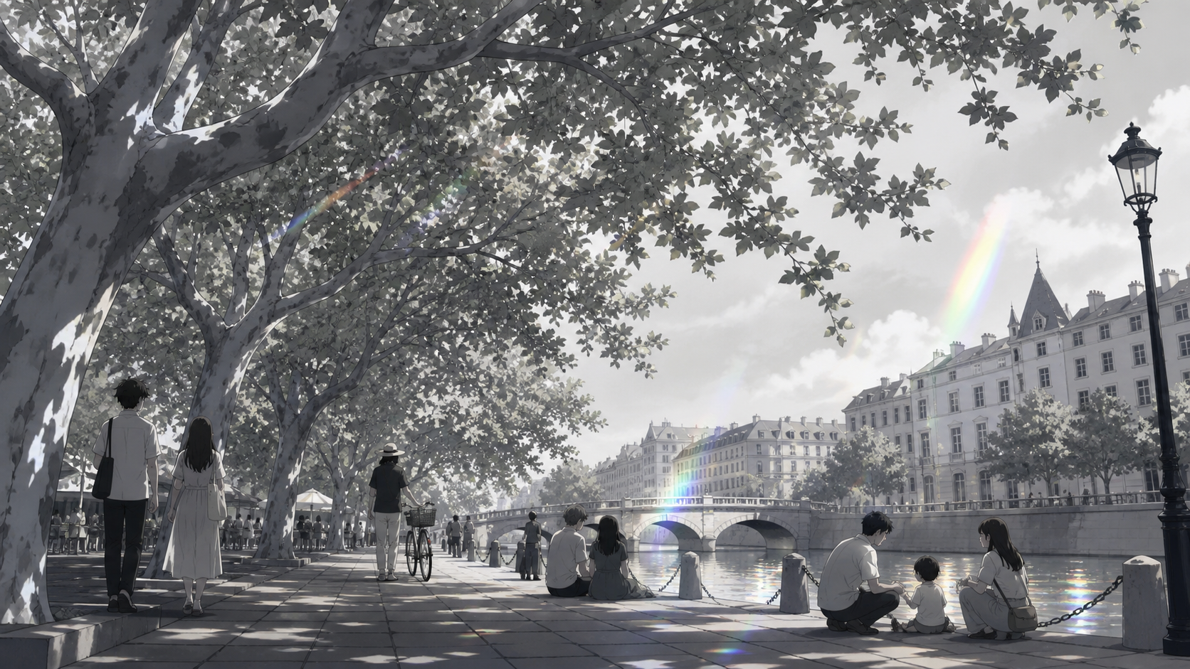 A summer avenue of tall green trees beside a quiet canal, during a gentle public holiday filled with small social moments. Low upward view using branches to frame people and architecture. Monochrome graphite with selecti