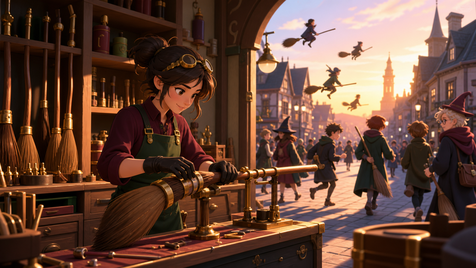 A roadside mechanic servicing broomsticks during the evening rush, handled with the calm routine of an ordinary workday. Wide neighborhood view connecting the shop interior to activity outside. Burgundy, midnight green, 