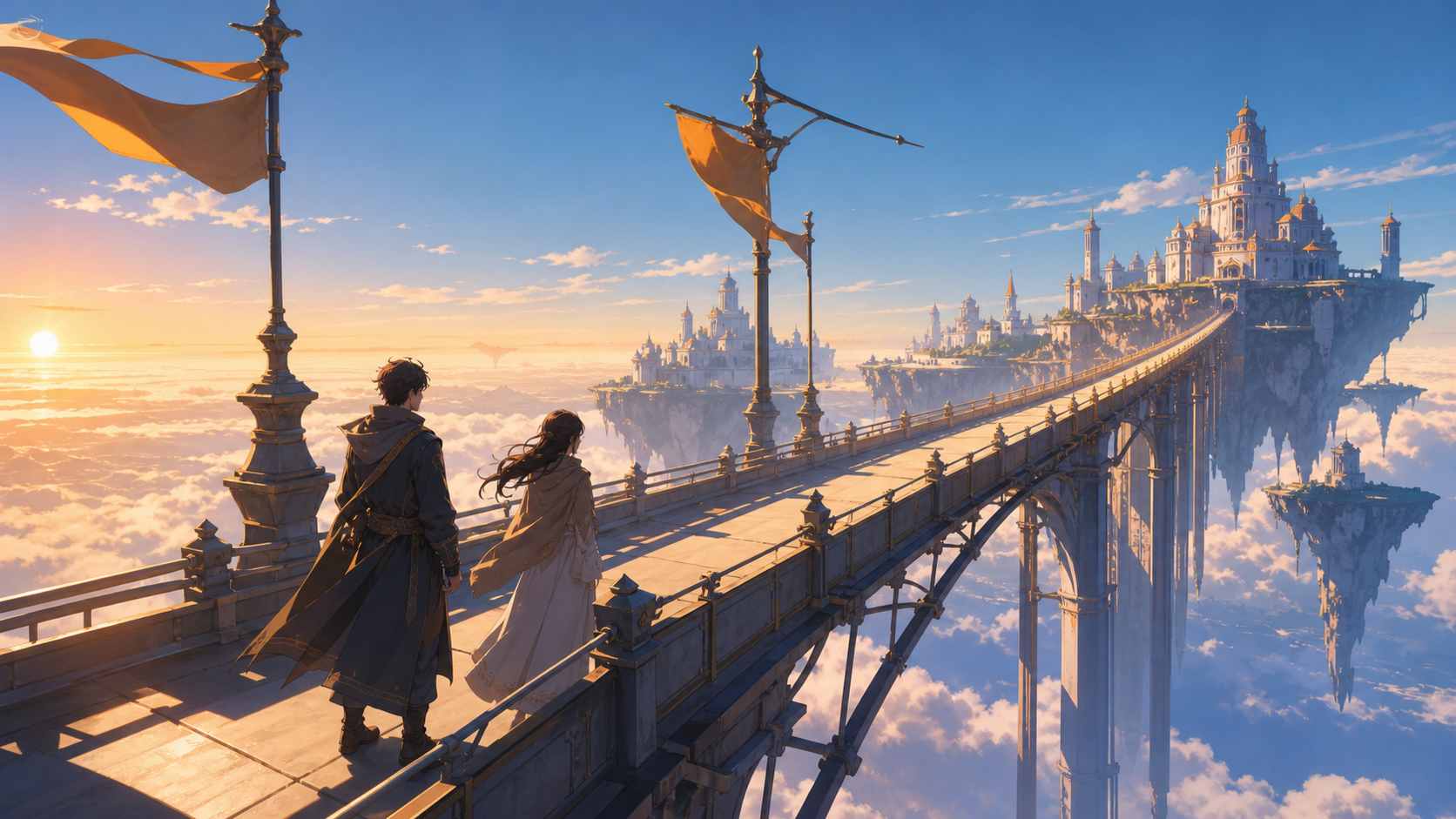 An impossibly long pedestrian bridge connecting two moving sky kingdoms, during clear morning weather that reveals the depth below. Sweeping aerial panorama with a strong route across the frame. Saffron, peacock blue, da