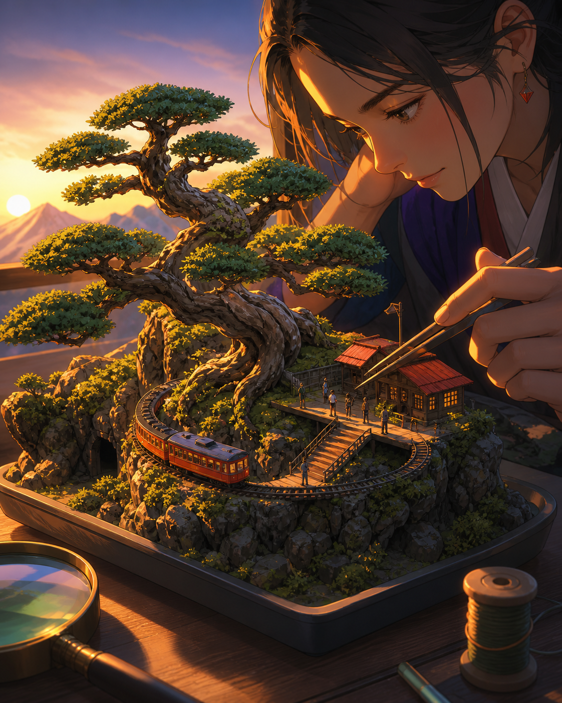 An alpine railway winding through the branches of an ancient bonsai, observed at close range with ordinary objects revealing the tiny scale. Isometric-like miniature vista with multiple readable zones of activity. Emeral