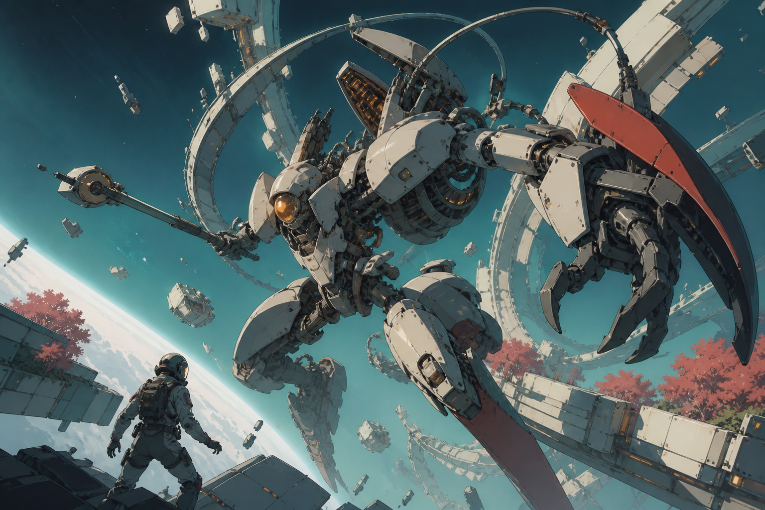 A deep-space maintenance suit unfolding into an asymmetrical combat machine, fighting in zero gravity among fragments of a ruined orbital garden. Wide cinematic action tableau frozen at the clearest dramatic instant. Pet