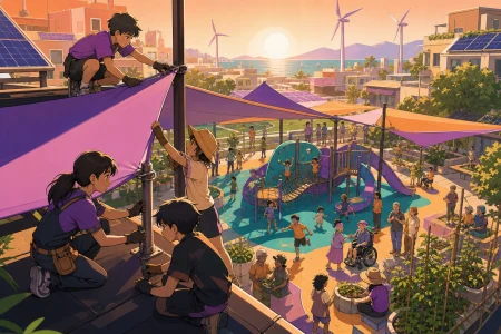 Schoolchildren helping install shade panels over a public playground, on a bright weekend when public spaces are shared across generations. Elevated neighborhood view showing conne