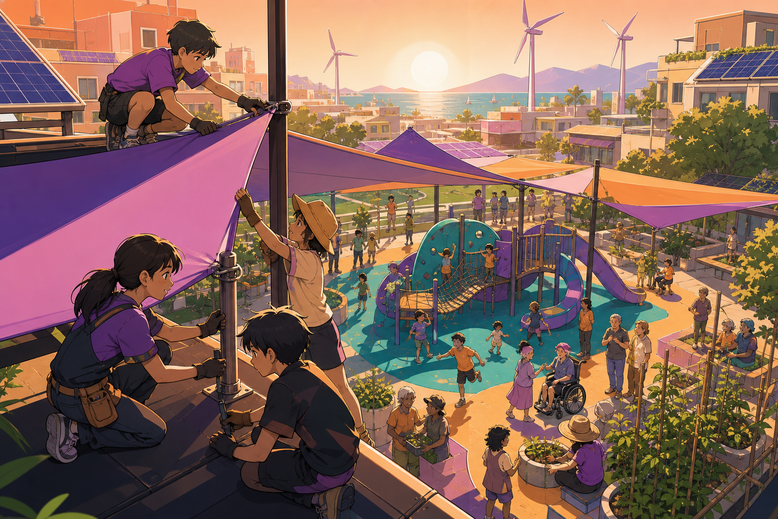 Schoolchildren helping install shade panels over a public playground, on a bright weekend when public spaces are shared across generations. Elevated neighborhood view showing connected sustainable systems. Apricot, orchi