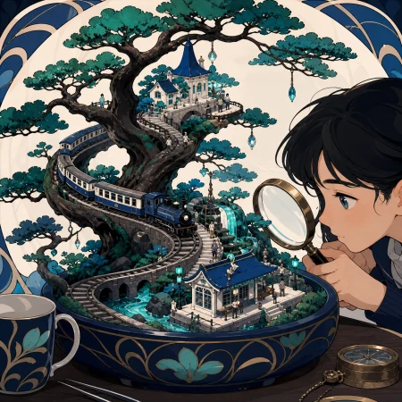 An alpine railway winding through the branches of an ancient bonsai, observed at close range with ordinary objects revealing the tiny scale. Isometric-like miniature vista with mul