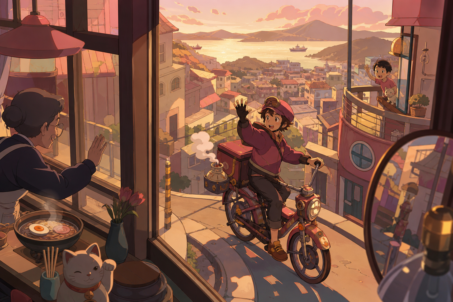 A bicycle courier delivering hot noodles through a steep hillside city, during a quiet weekday hour when the city briefly feels private. Cinematic wide shot composed through windows, signs without readable text, and refl