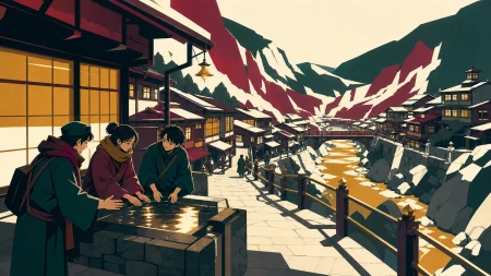 Travelers warming their hands beside a street-side spring, on a cold evening when every window feels welcoming. Elevated town view following warm windows down toward the river. Bur