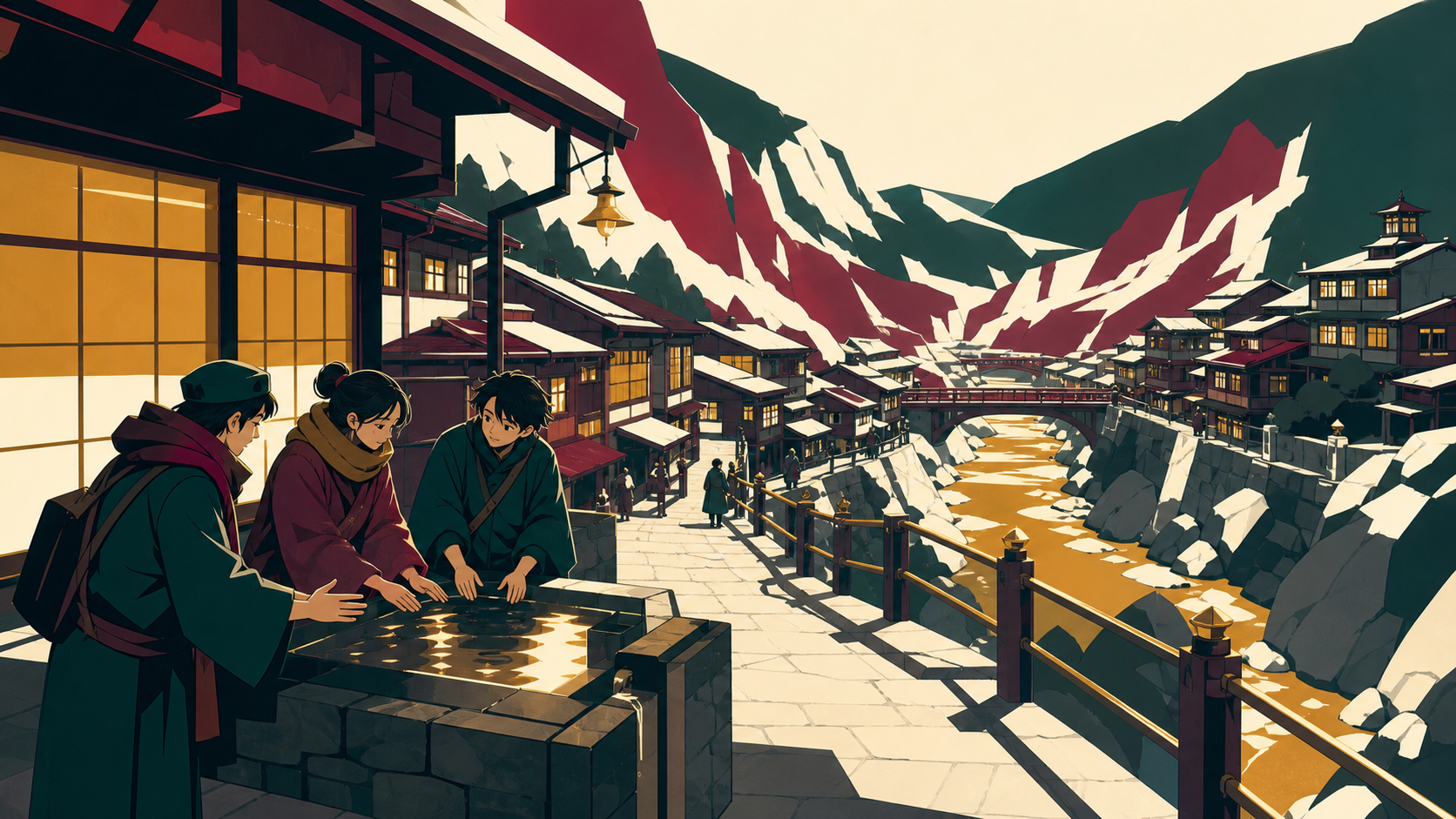 Travelers warming their hands beside a street-side spring, on a cold evening when every window feels welcoming. Elevated town view following warm windows down toward the river. Burgundy, midnight green, bone white, and b