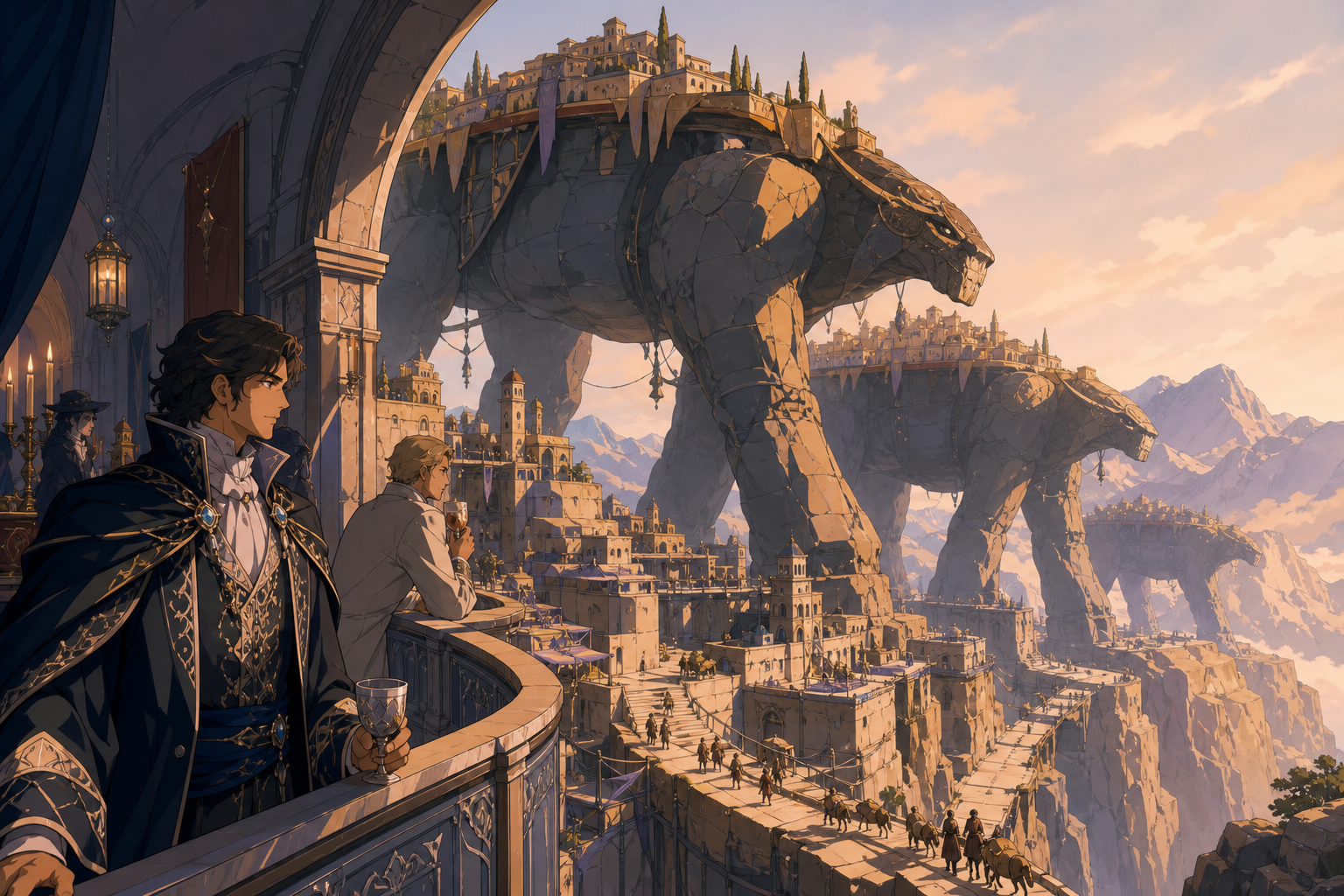 A mountain village suspended beneath migrating stone giants, with tiny travelers revealing the monumental scale. Epic establishing shot with a clear visual path into the world. Sun-bleached peach, desert ochre, cool shad