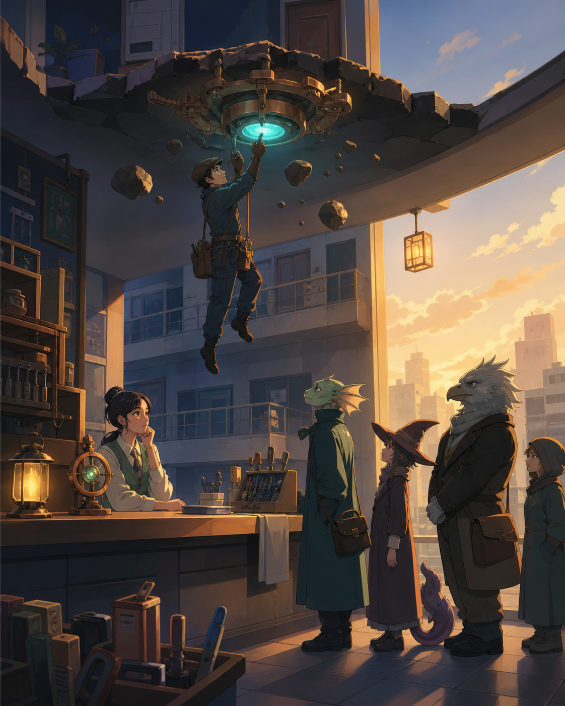 An apartment superintendent repairing a localized gravity failure between two floors, while a line of unusual customers waits with patient familiarity. Counter-level composition framed by tools and waiting customers. Moo